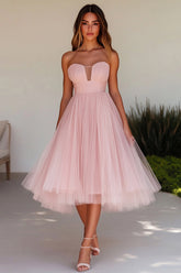 Rosa A Linie Trägerloses Hochzeitsgastkleid aus Tüll